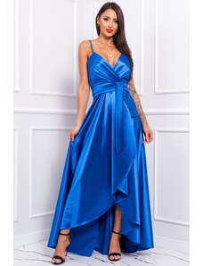 venusamoda (veľ. 42) Saténové šaty na ramienka s opaskom modré
