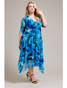 venusamoda Sieťovinové asymetrické šaty s abstraktnou potlačou modré