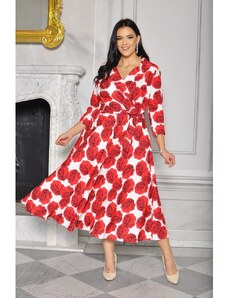 venusamoda Kvetované šaty s prekladaným výstrihom bielo-červené
