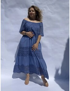 venusamoda Dlhé čipkované šaty modré