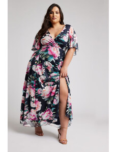 venusamoda Šifónové kvetované šaty s rozparkom tmavomodré