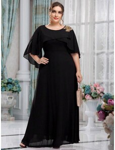 venusamoda Šifónové šaty s pelerínkou a vyšívanou aplikáciou čierne
