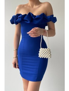 lovebox Dámske spoločenské šaty Atlas s volánovým golierom v modrej modrej farbe 223