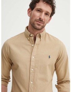 Bavlnená košeľa Polo Ralph Lauren pánska, béžová farba, regular, s golierom button-down, 710889739001