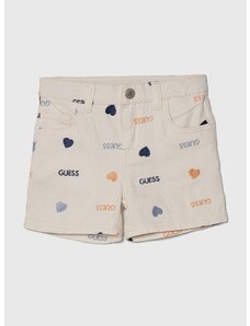 Detské rifľové krátke nohavice Guess biela farba, vzorované, nastaviteľný pás