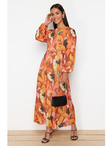 Trendyol Modest Oranžové šaty z tkaného plátna s kvetinovým vzorom