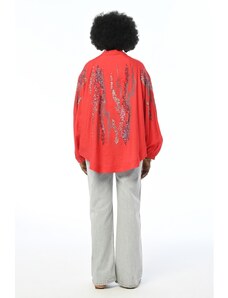 FEMELLE Dámska koralová flitrová výšivka na chrbte a rukáve Kimono bunda štandardnej veľkosti nadmernej veľkosti