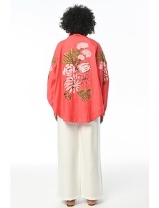 FEMELLE Dámsky koralový chrbát a rukávy Kvetinová výšivka Vyšívaná kimonová bunda štandardnej veľkosti nadmernej veľkosti
