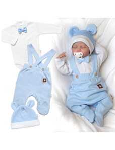 Baby Nellys Bavlnená súprava Gentleman 3D, body, polodupačky s lacnom + čiapočka, modrá/biela