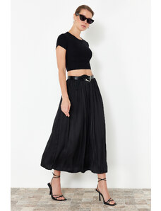 Trendyol Collection Maxi tkaná sukňa s čiernym efektom plisovaného saténového vzhľadu