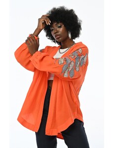 FEMELLE Dámska oranžová oversize kimonová bunda štandardnej veľkosti s výšivkou na rukáve a chrbte