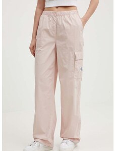 Bavlnené nohavice Calvin Klein Jeans ružová farba, rovné, vysoký pás, J20J223116