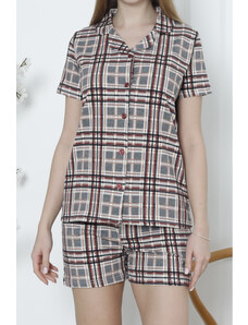 Nicoletta Dámska súprava pyžama na gombíky a šortky z kockovanej bavlny s vreckom z lycry DAMSON