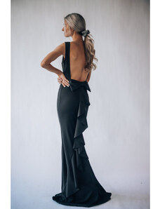 Elegantné dlhé čierne spoločenské šaty s mašľou a výstrihom na chrbte 010173