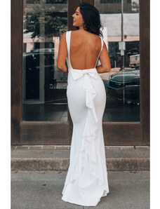 Elegantné biele spoločenské šaty s mašľou a výstrihom na chrbte 010173