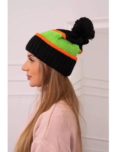 MladaModa Dámska čiapka s brmbolcom Kinga K297 čierna+neónovo zelená+oranžová