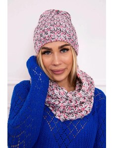MladaModa Komplet - dámska čiapka s kožušinkovým brmbolcom + komín K202 ružový+šedý
