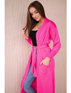 MladaModa Dlhý kardigánový sveter so zaväzovaním v páse model 2021-17 neónovo ružový