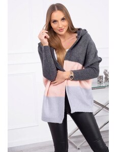 MladaModa Trojfarebný sveter s kapucňou a s netopierími rukávmi grafitový+pudrovo ružový+šedý