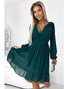 numoco MILA - Zelené dámske šifónové midi šaty s dlhými rukávmi a výstrihom 538-2