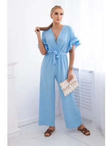 K-Fashion Kombinéza s viazaním v páse a ozdobnými rukávmi modrá