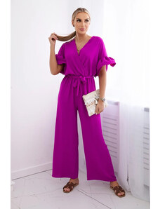 K-Fashion Kombinéza s viazaním v páse a ozdobnými rukávmi tmavo fialová