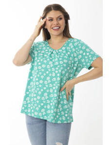 Şans Women's Plus Size Green Cotton Fabric Collar Shirred Detailed Patterned Blouse