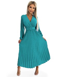 numoco basic 504-6 VIVIANA Pleated midi dress with a neckline, long sleeves and a wide belt - sea ​​color