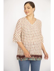 Şans Women's Colorful Plus Size Woven Viscose Fabric Flounce Sleeve Patterned Blouse
