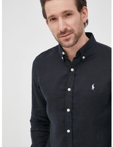 Ľanová košeľa Polo Ralph Lauren pánska, tmavomodrá farba, slim, s golierom button-down
