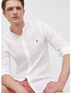 Ľanová košeľa Polo Ralph Lauren pánska, biela farba, slim, so stojačikom
