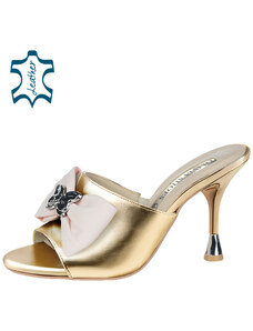 OLIVIA SHOES Zlaté elegantné šľapky so štýlovým podpätkom DLO2440