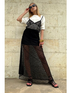 Trend Alaçatı Stili Dámska čierna krajková sukňa s elastickým pásom v maximálnej dĺžke