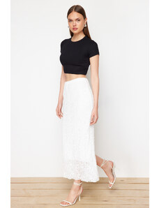 Trendyol Collection Biela čipka s normálnym pásom, maxi podšitá strečová pletená sukňa