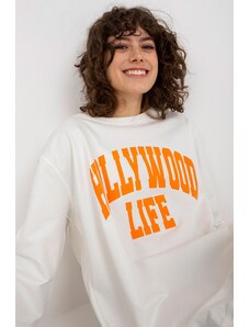 MladaModa Mikina s predlženou zadnou časťou a nápisom Hollywood Life farba ecru+oranžová