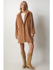 Happiness İstanbul Women's Biscuit Rabbit Hair Look Oversize Coat