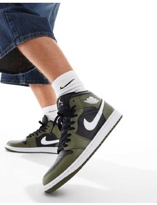 Nike Air Jordan 1 Mid trainers in black, olive and white-Green