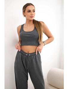 MladaModa Crop-topová tepláková súprava na ramienka model 9334 grafitová