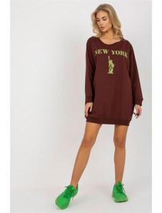 MladaModa Predĺžená mikina s potlačou model 21215 hnedá + žltá