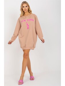 MladaModa Predĺžená mikina s potlačou model 21215 béžová + ružová
