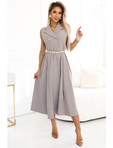 numoco basic Elegantná midi košeľa so zlatými gombíkmi a opaskom - šedá/béž
