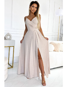 Numoco Béžové trblietavé maxi dlhé šaty Chiara