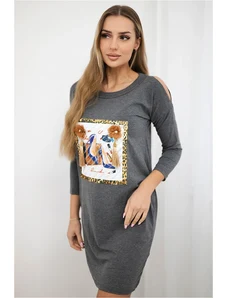 Kesi Dress with 3D graphics and decorative pom pom graphite