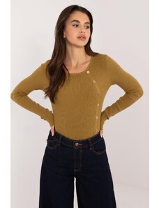 MladaModa Vrúbkovaný sveter s ozdobnými gombíkmi model 32262 farba svetlá khaki
