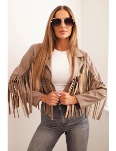 MladaModa Krátka koženková bunda so strapcami model 4359-1 farba fango