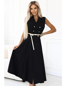 numoco basic Elegantná midi košeľa so zlatými gombíkmi a opaskom - čierna