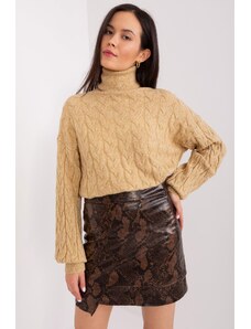 MladaModa Rolákový sveter s vrkočovým vzorom model 34807 farba camel