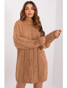 MladaModa Rolákové svetrové šaty s vrkočovým vzorom model 56134 farba camel