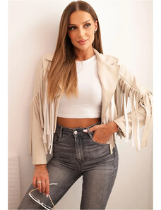 Kesi Svetlobéžová dámska koženková bunda so strapcami