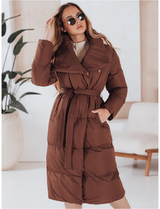 BASIC Hnedý dlhý dámsky prešívaný kabát s pásikom FAVI TY4962